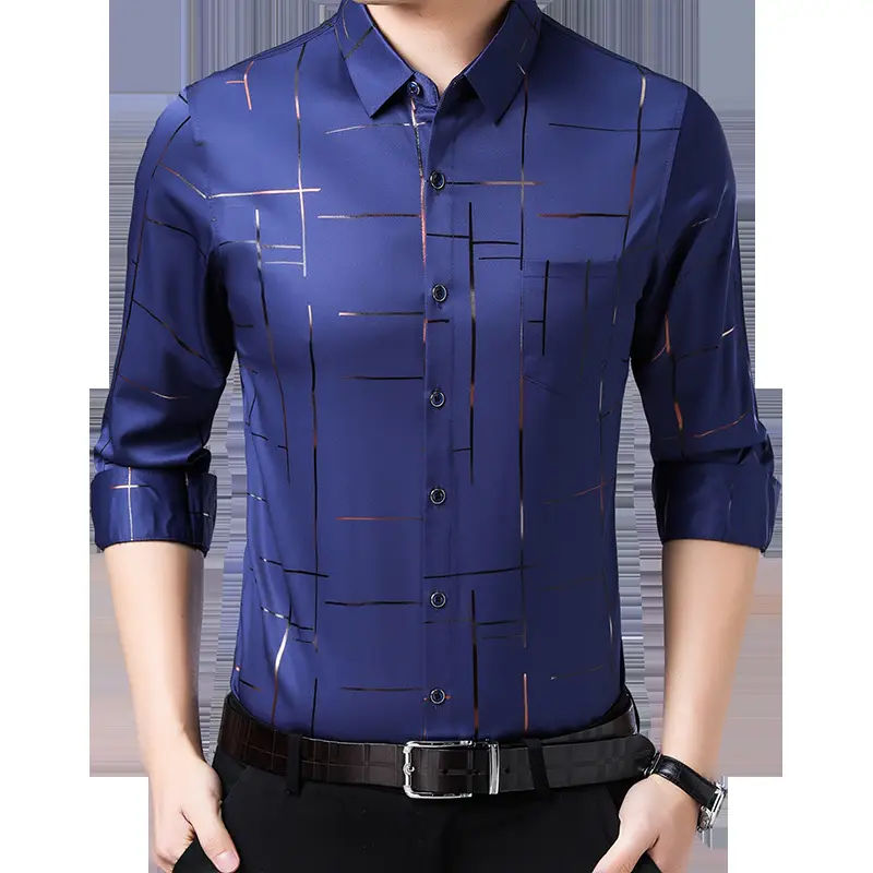 Men's Blue Long-Sleeved Plaid Shirt 2020 Spring - Image 6