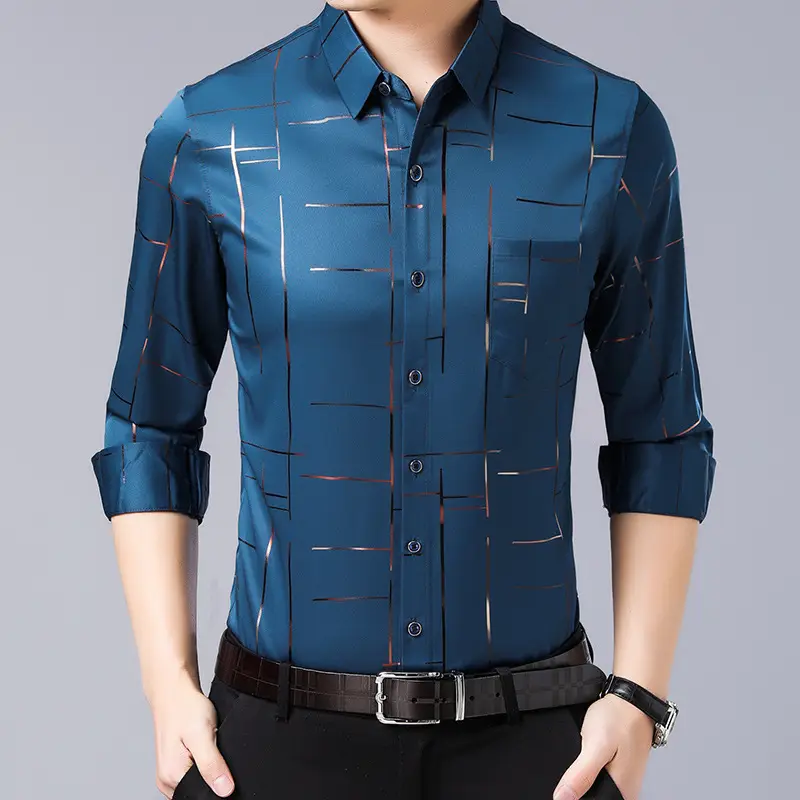 Men's Blue Long-Sleeved Plaid Shirt 2020 Spring - Image 2