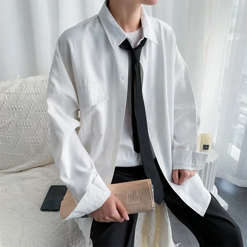 Men's Long-Sleeve Shirt Black Loose Fit Korean Style