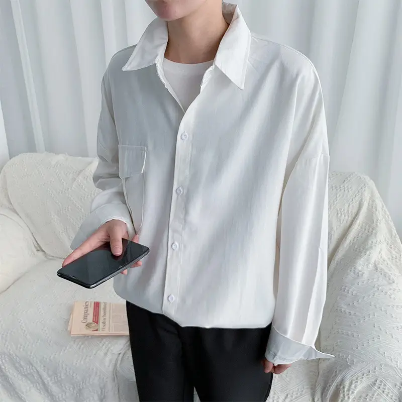 Men's Long-Sleeve Shirt Black Loose Fit Korean Style