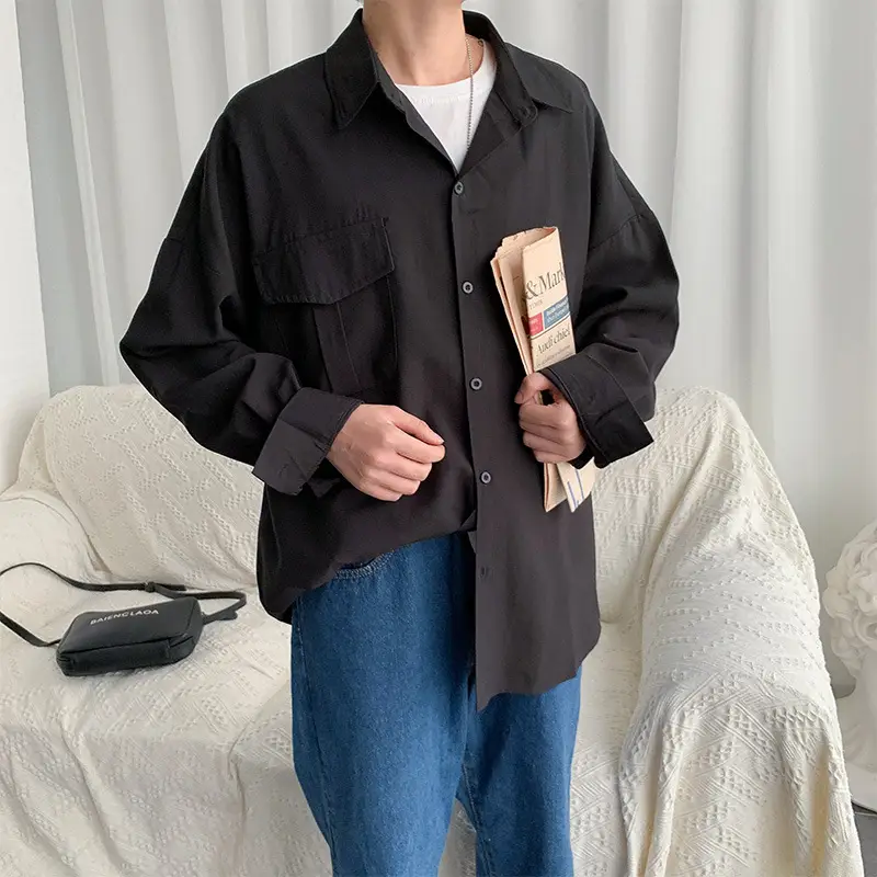 Men's Long-Sleeve Shirt Black Loose Fit Korean Style
