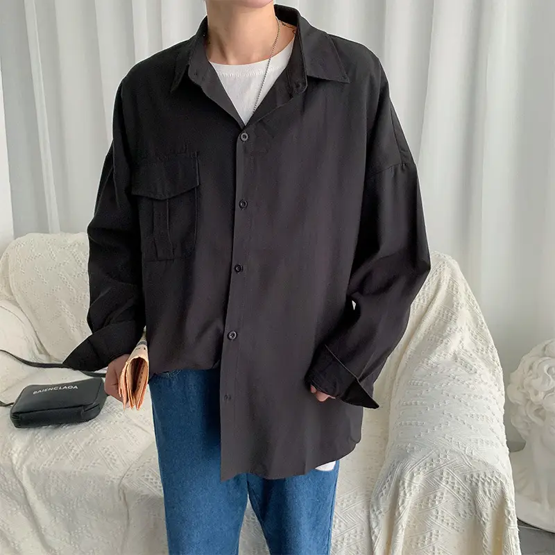 Men's Long-Sleeve Shirt Black Loose Fit Korean Style