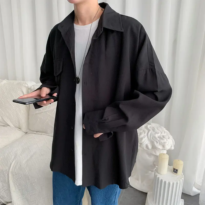 Men's Long-Sleeve Shirt Black Loose Fit Korean Style