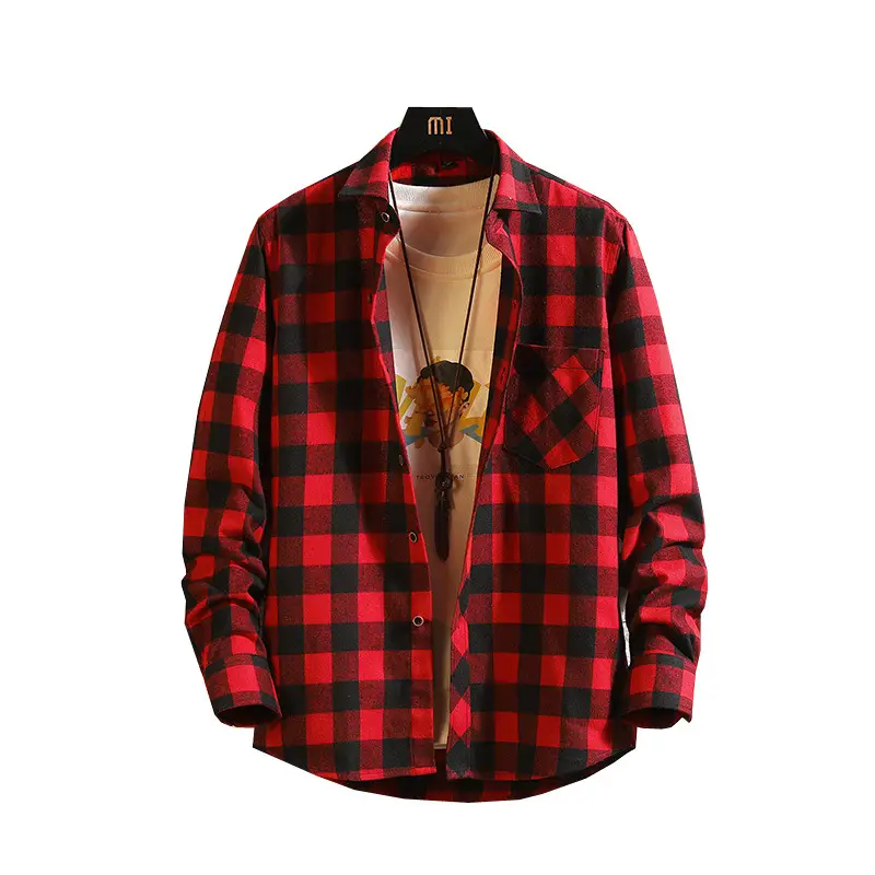 Men Plaid Long Sleeve Shirt Red Black Green - Image 10