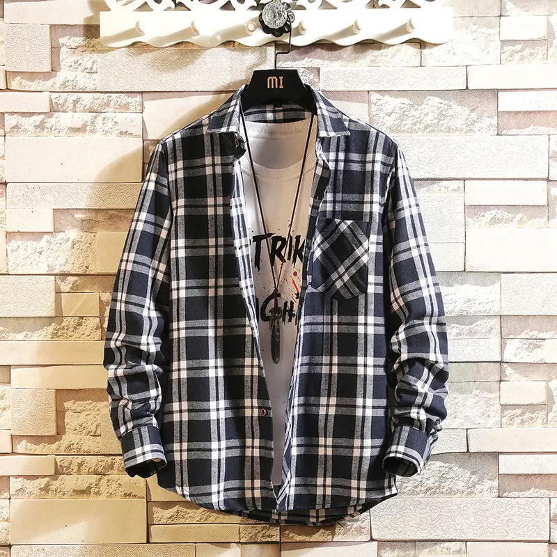 Men Plaid Long Sleeve Shirt Red Black Green - Image 4