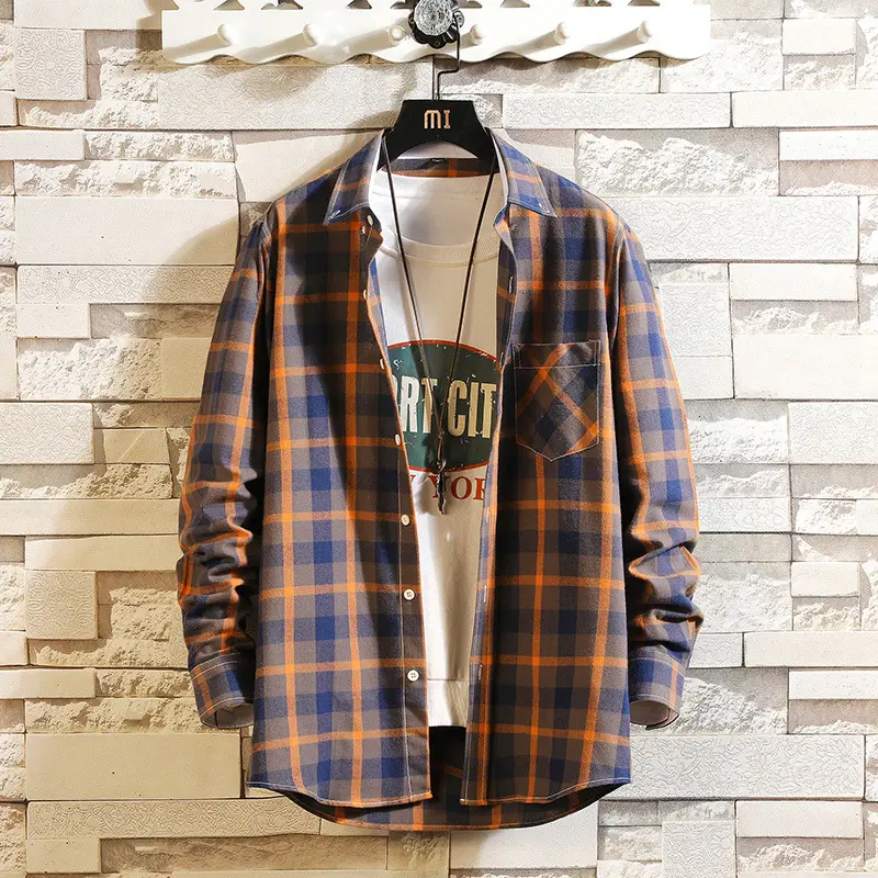 Men Plaid Long Sleeve Shirt Korean Style Slim Fit