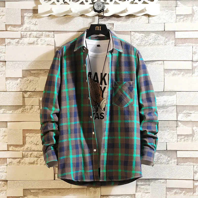Men Plaid Long Sleeve Shirt Korean Style Slim Fit