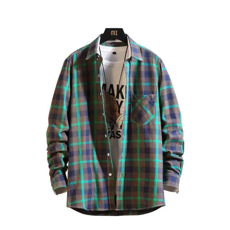 Men Plaid Long Sleeve Shirt Korean Style Slim Fit