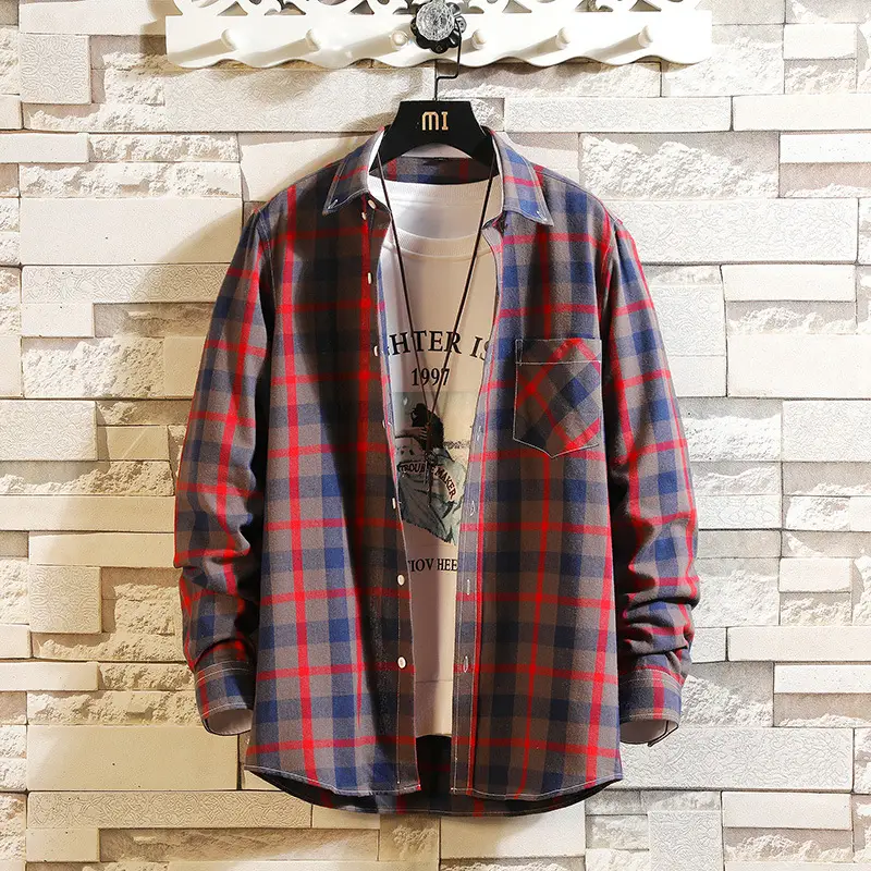 Men Plaid Long Sleeve Shirt Korean Style Slim Fit