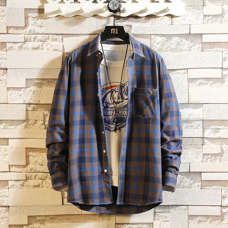 Men Plaid Long Sleeve Shirt Korean Style Slim Fit