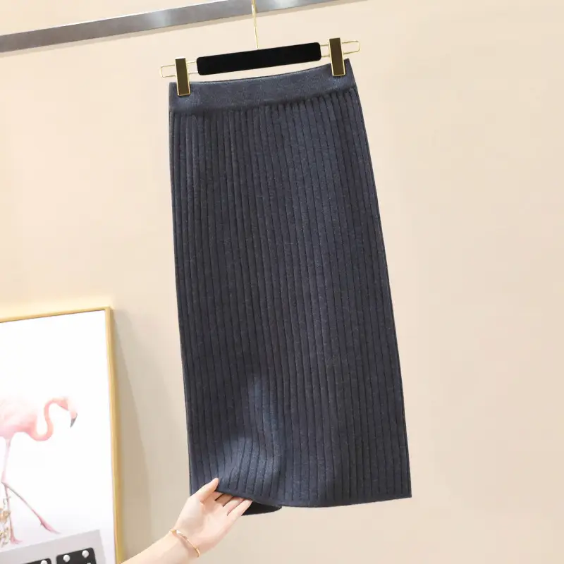 Women Wool Knitted Hip Skirt with Back Slit - Image 3
