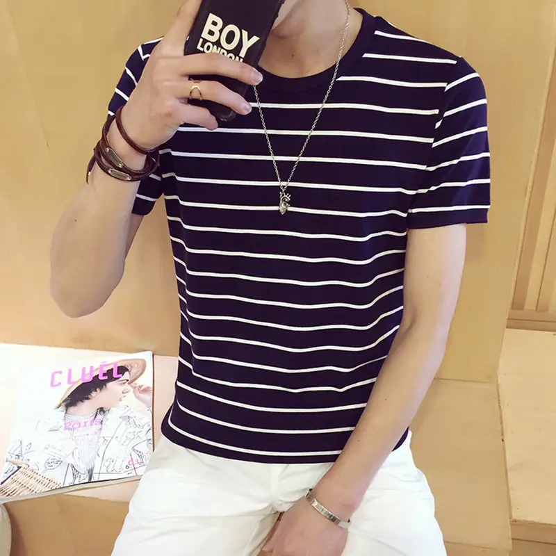 Men Red White Striped Crewneck T-Shirt