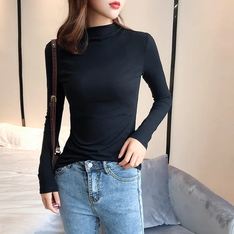 Women Black Long Sleeve Turtleneck Shirt 2021 - Image 6