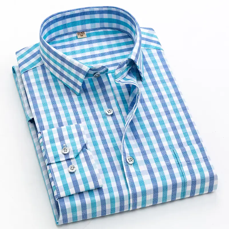 Men Blue Plaid Long Sleeve Shirt Small - Image 7