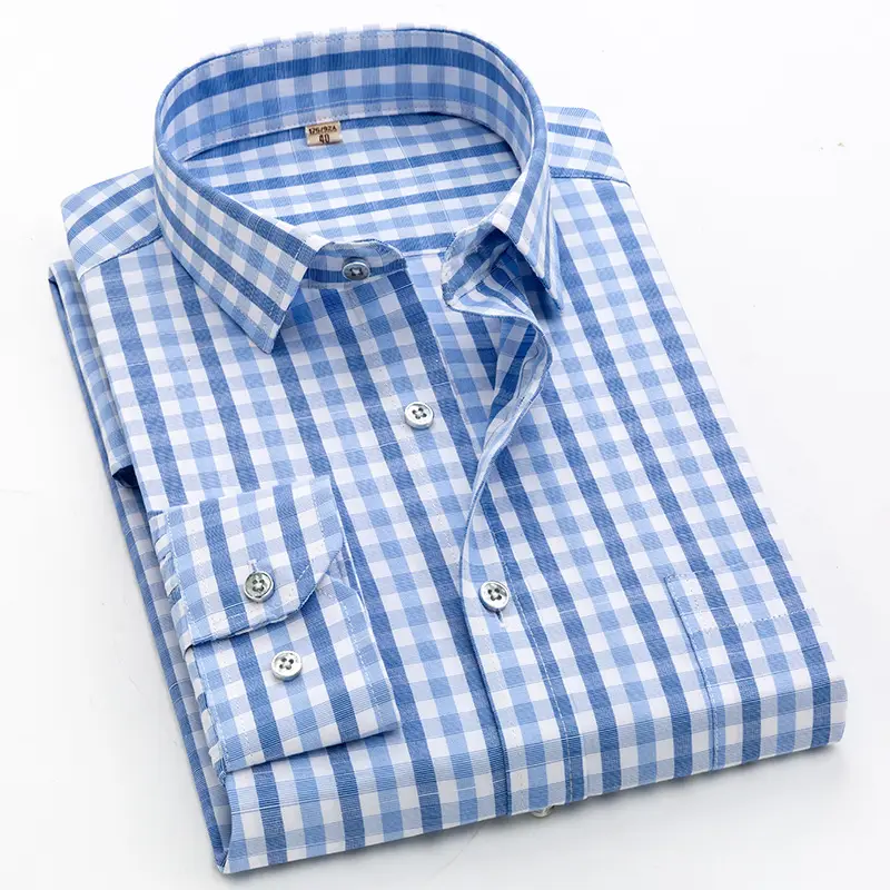 Men Blue Plaid Long Sleeve Shirt Small - Image 2