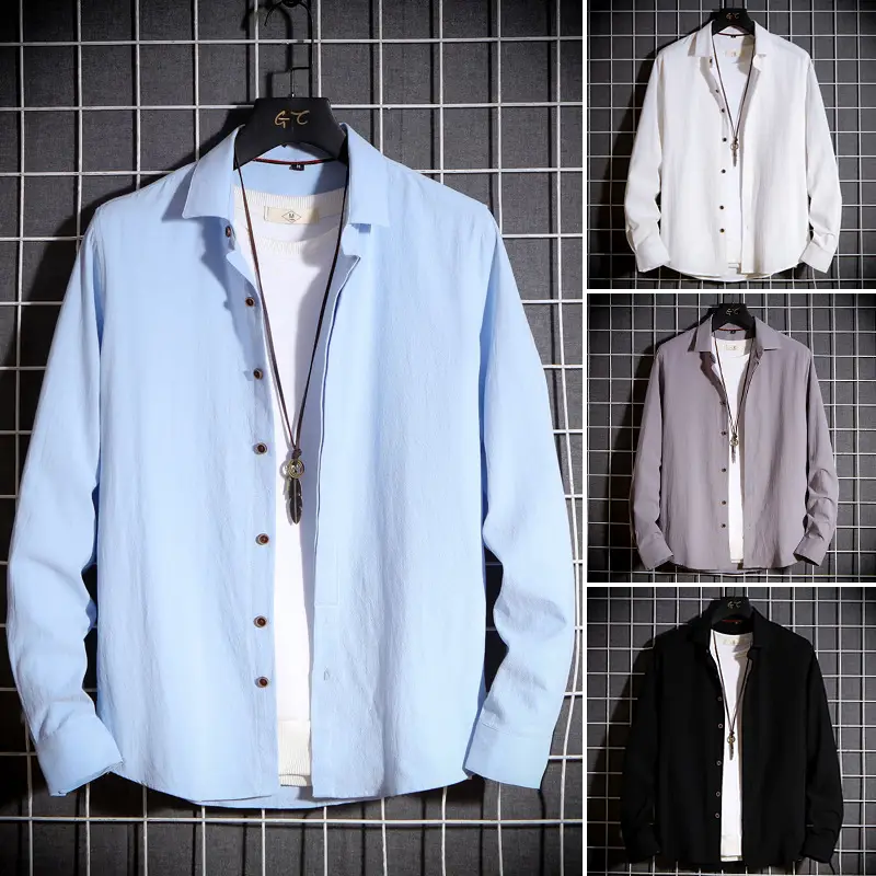 Men Long Sleeve Korean Style Shirt Black - Image 7