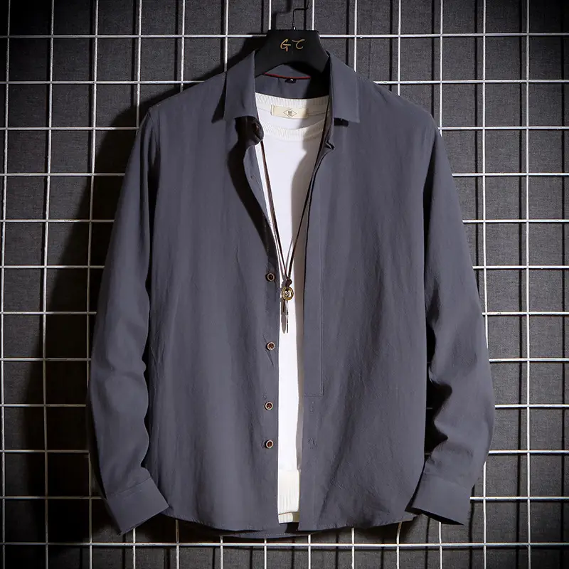 Men Long Sleeve Korean Style Shirt Black - Image 8