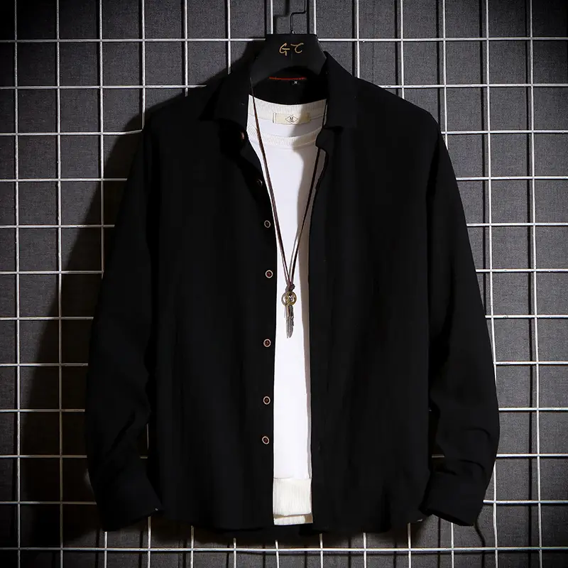 Men Long Sleeve Korean Style Shirt Black - Image 9