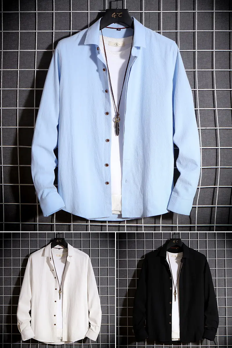 Men Long Sleeve Korean Style Shirt Black - Image 12