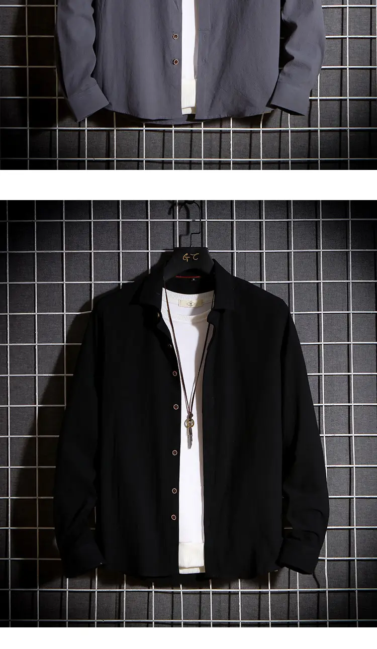 Men Long Sleeve Korean Style Shirt Black — feature 8