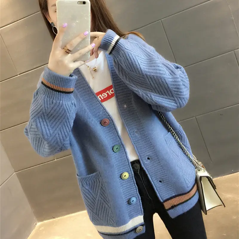 Women Yellow Knitted V-Neck Cardigan Coat Small - Image 6