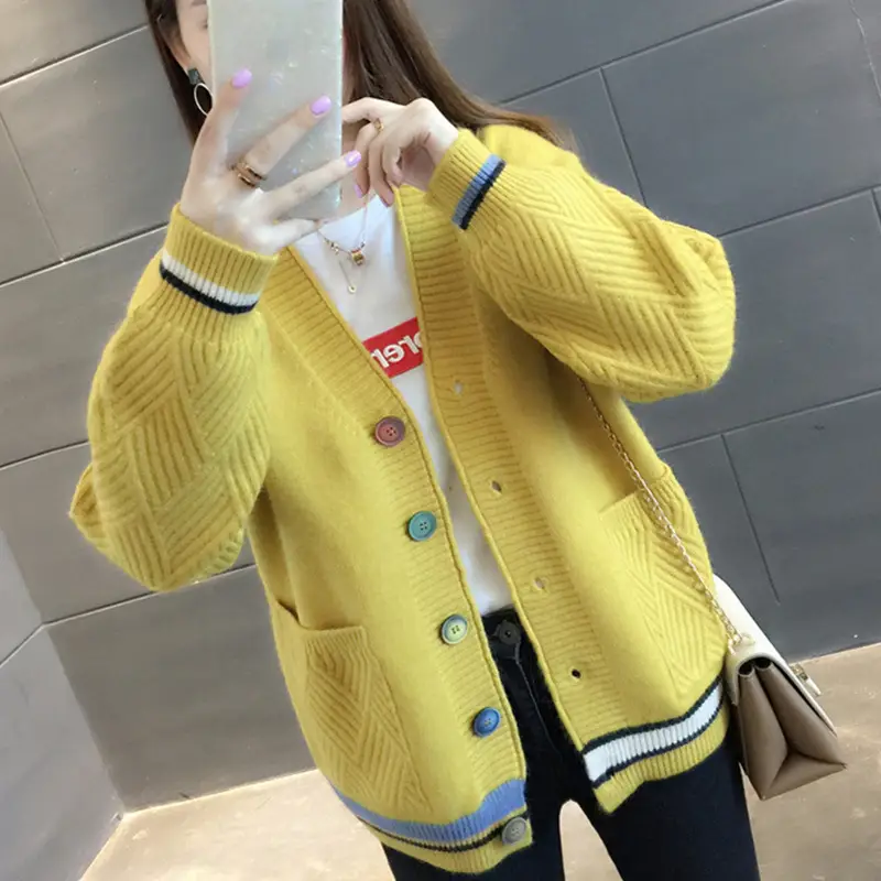Women Yellow Knitted V-Neck Cardigan Coat Small - Image 3