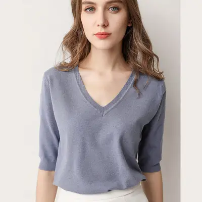 2024 V-Neck Knitted T-Shirt Women Grey - Image 13