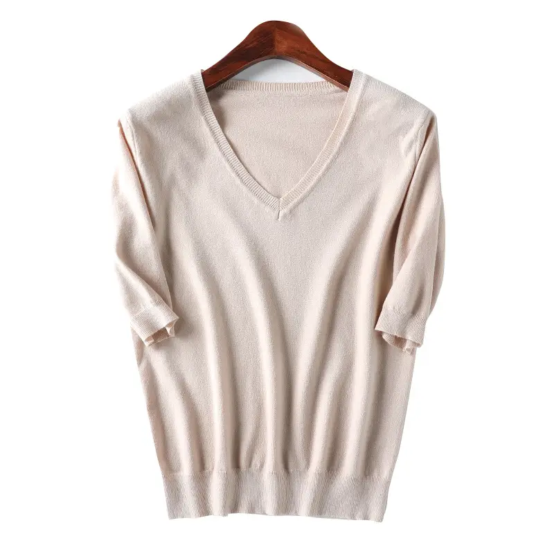 2024 V-Neck Knitted T-Shirt Women Grey - Image 14