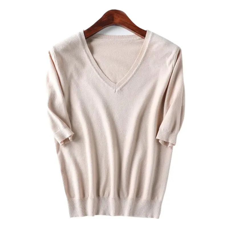2024 V-Neck Knitted T-Shirt Women Grey