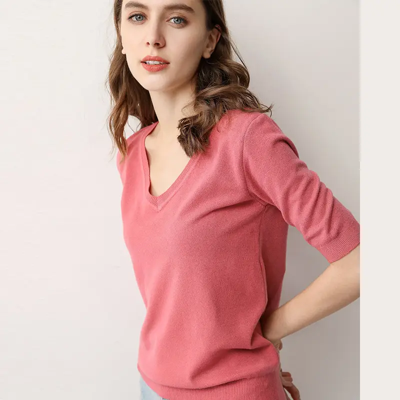 2024 V-Neck Knitted T-Shirt Women Grey - Image 2