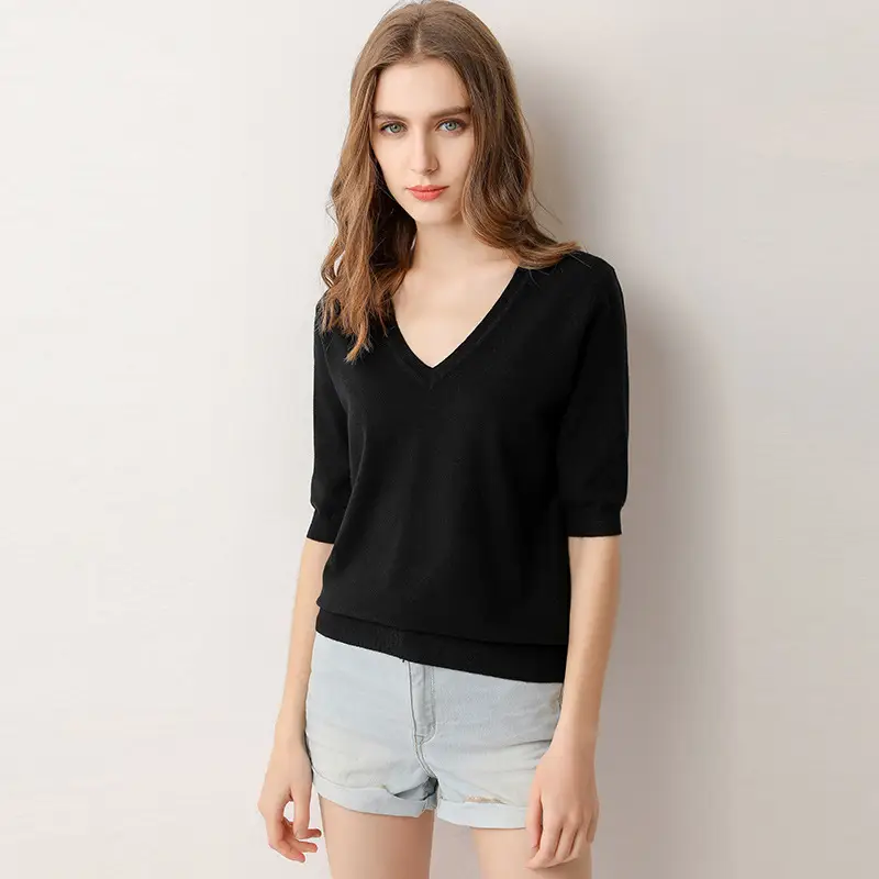 2024 V-Neck Knitted T-Shirt Women Grey - Image 4