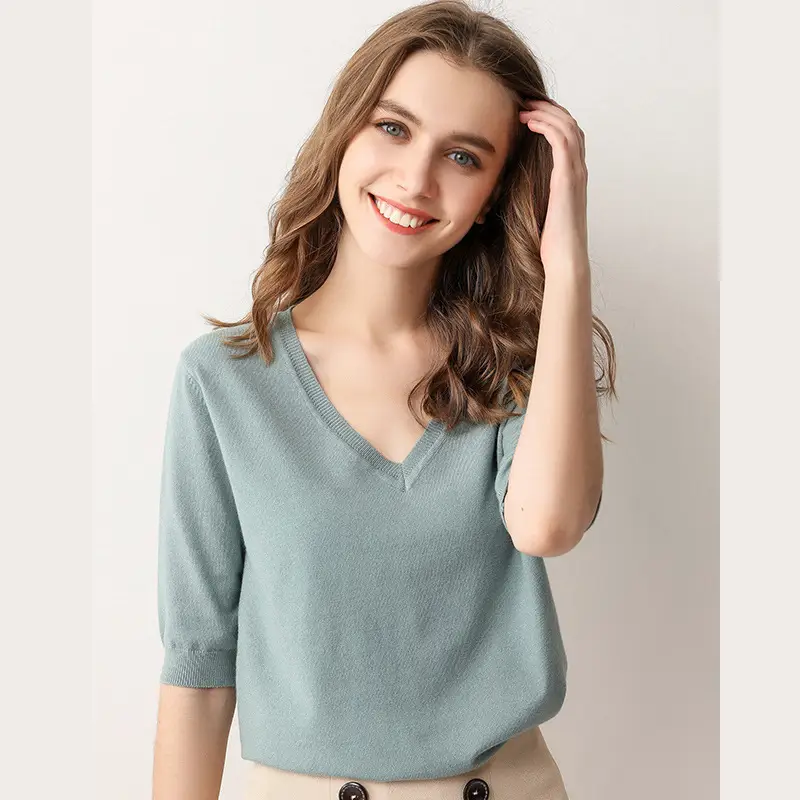 2024 V-Neck Knitted T-Shirt Women Grey - Image 5