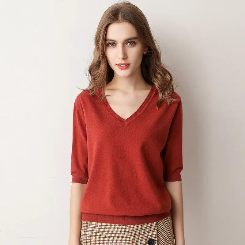 2024 V-Neck Knitted T-Shirt Women Grey - Image 9