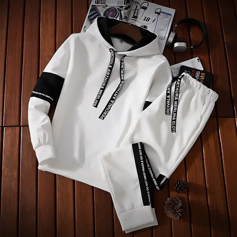 Men Black Hoodie Sweatshirt with White Sleeves & Brand Label - Image 6