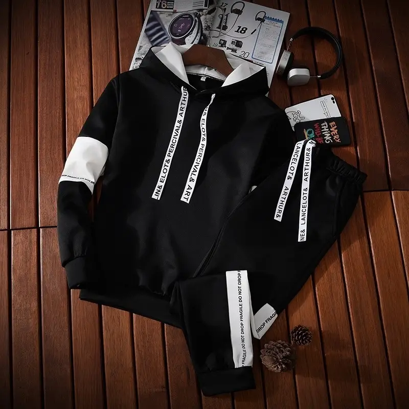 Men Black Hoodie Sweatshirt with White Sleeves & Brand Label - Image 7