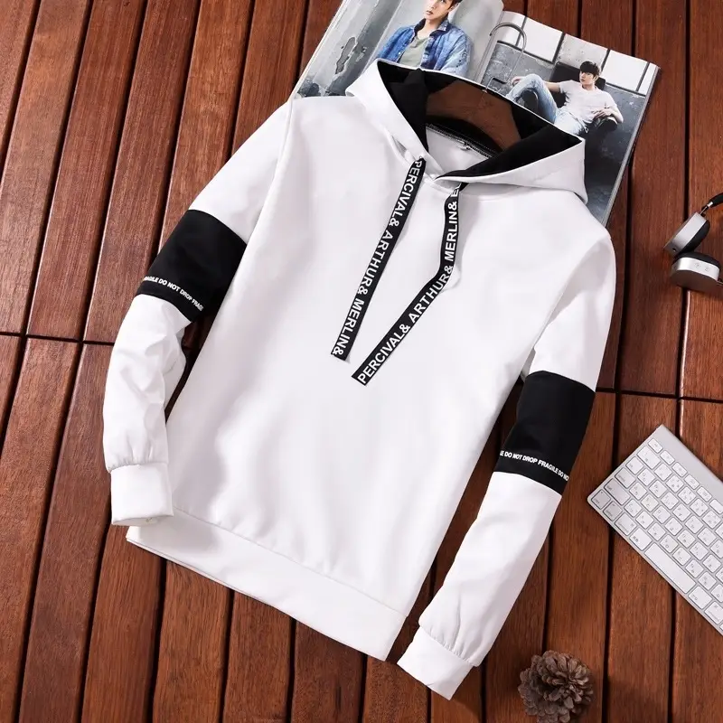 Men Black Hoodie Sweatshirt with White Sleeves & Brand Label - Image 8
