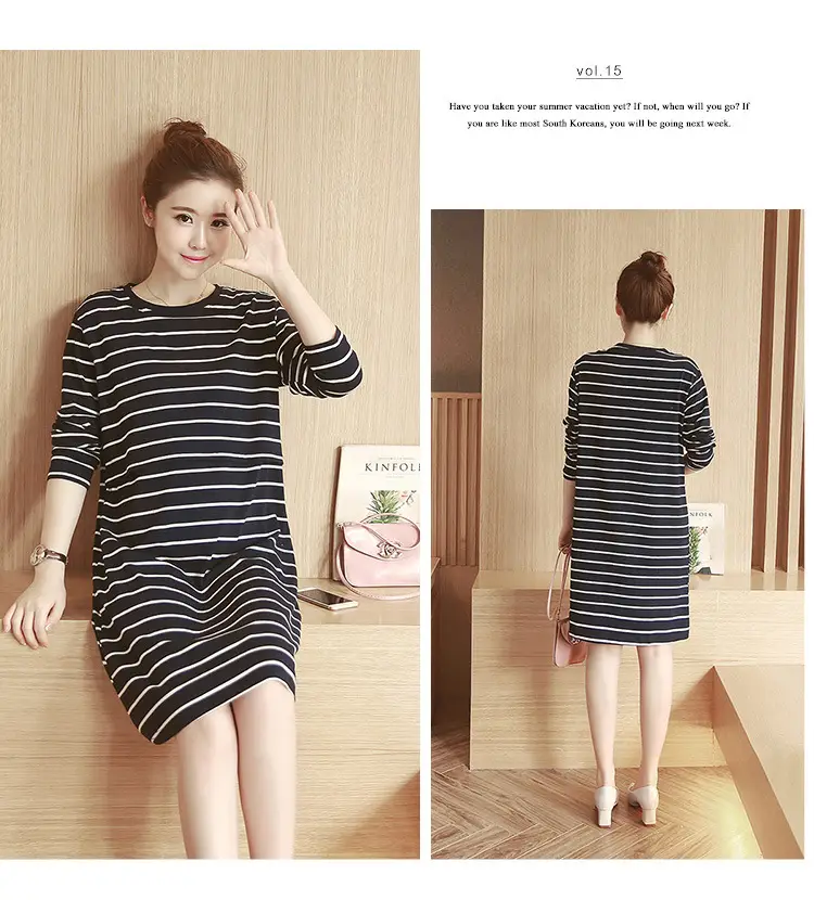 Maternity Striped Nursing Dress Spring Autumn — feature 13