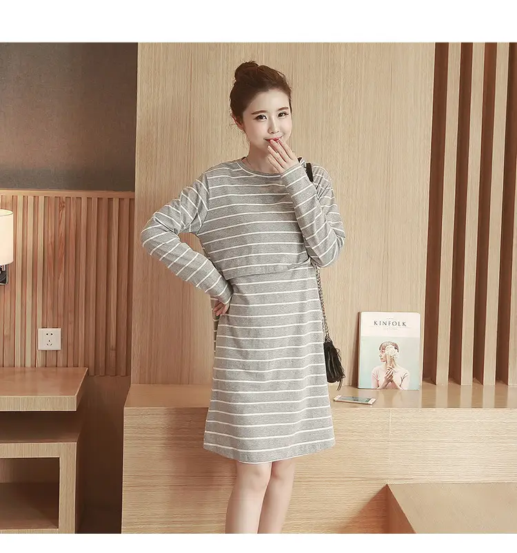 Maternity Striped Nursing Dress Spring Autumn — feature 15