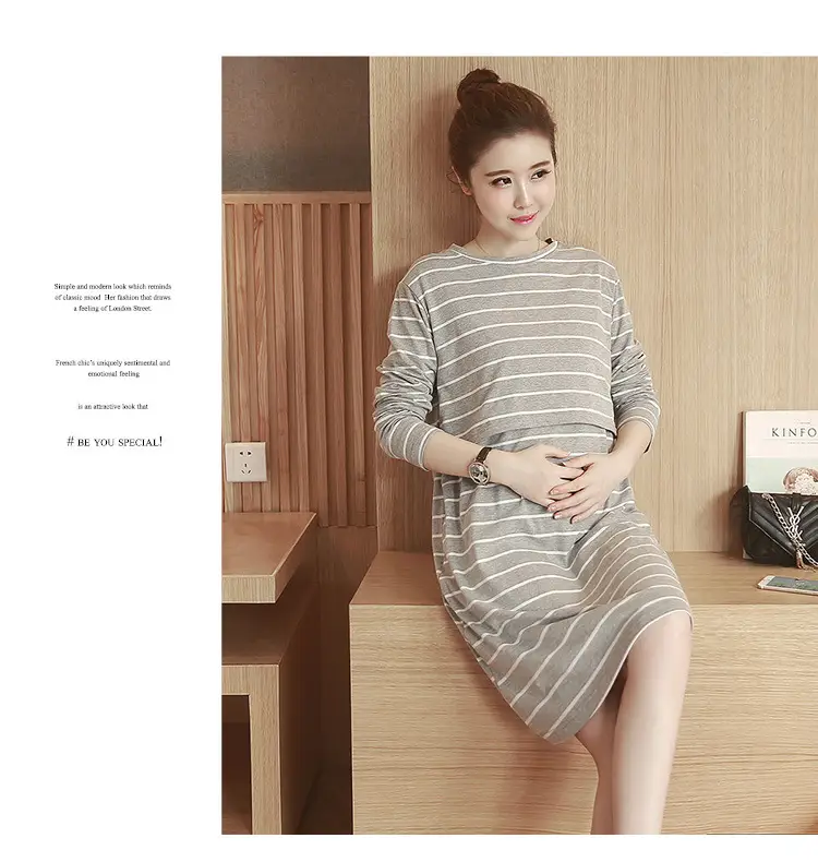 Maternity Striped Nursing Dress Spring Autumn — feature 17
