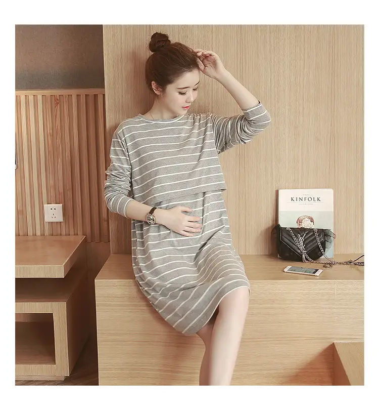 Maternity Striped Nursing Dress Spring Autumn — feature 18