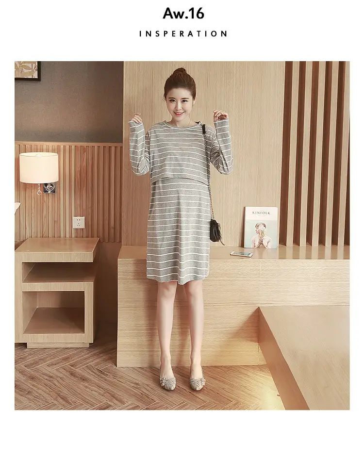 Maternity Striped Nursing Dress Spring Autumn — feature 20