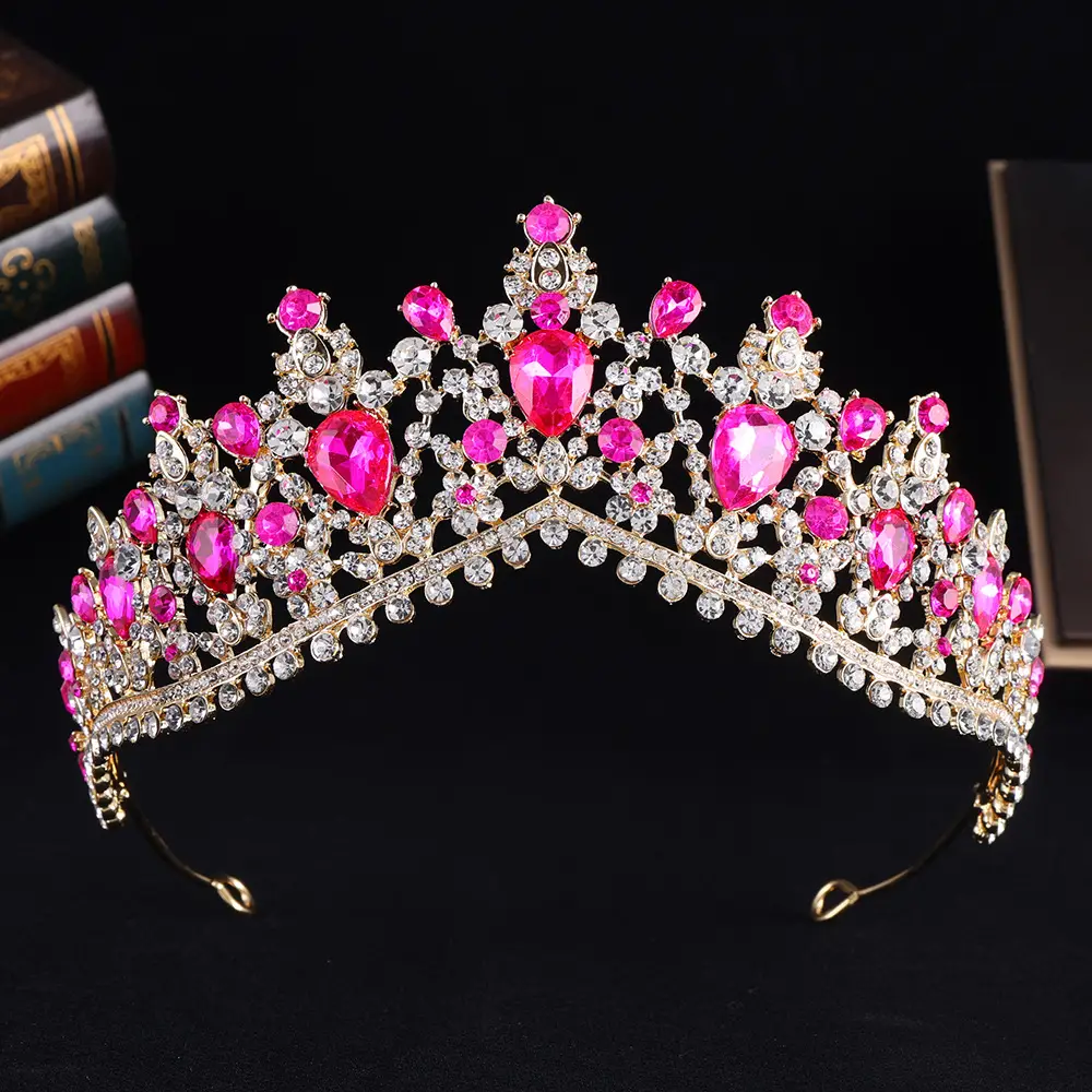 Baroque European Crystal Bridal Crown with Pink Rhinestones