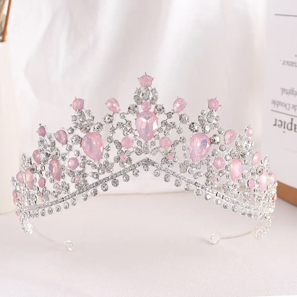 Baroque European Crystal Bridal Crown with Pink Rhinestones