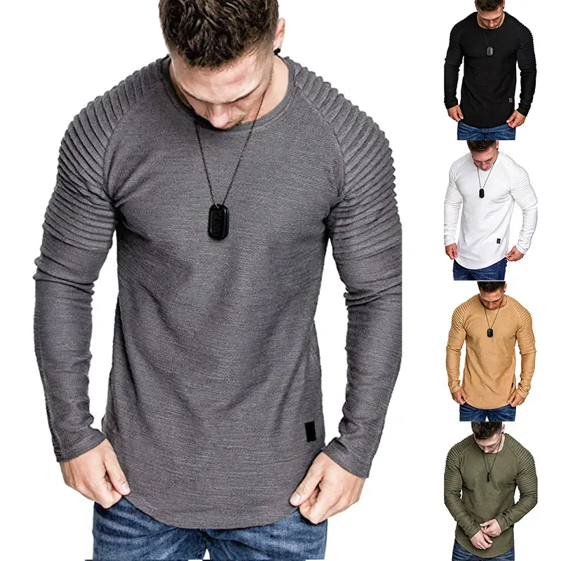 Men Pleated Long Sleeve T-Shirt Tan Round Neck
