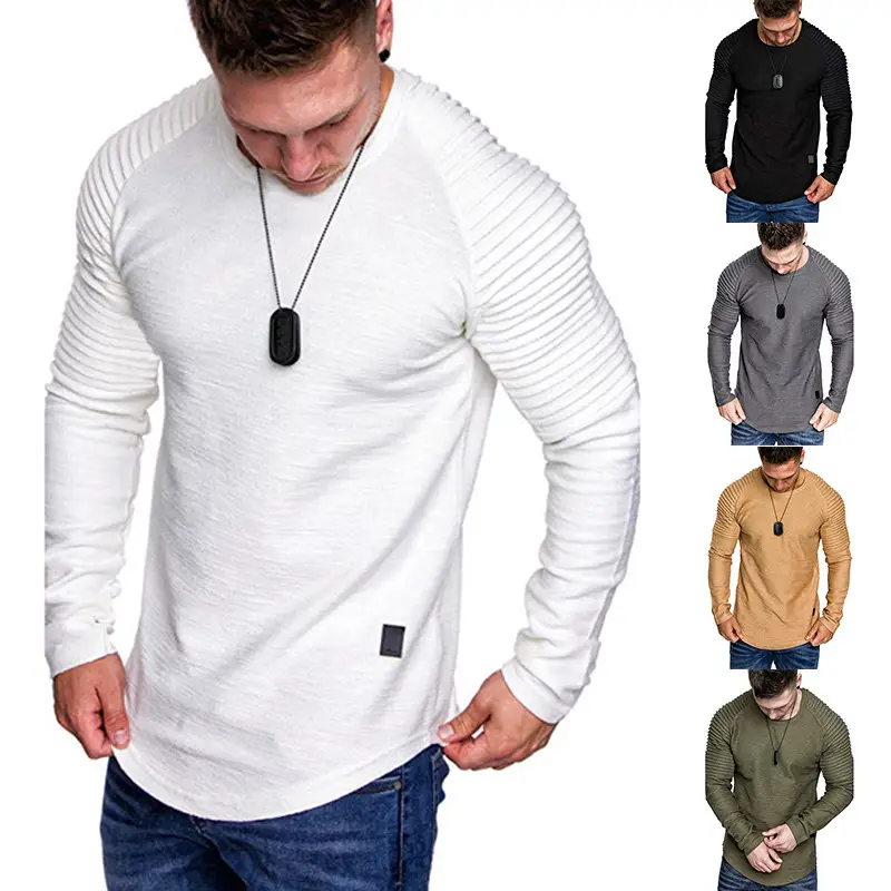 Men Pleated Long Sleeve T-Shirt Tan Round Neck