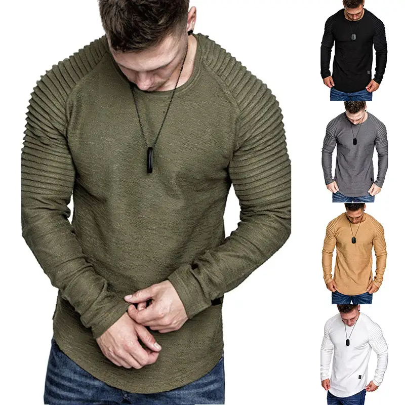 Men Pleated Long Sleeve T-Shirt Tan Round Neck