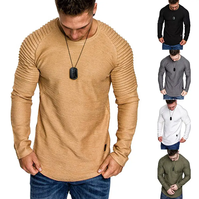 Men Pleated Long Sleeve T-Shirt Tan Round Neck