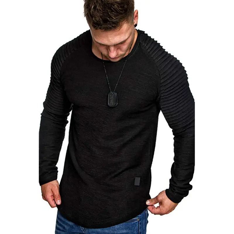 Men Pleated Long Sleeve T-Shirt Tan Round Neck