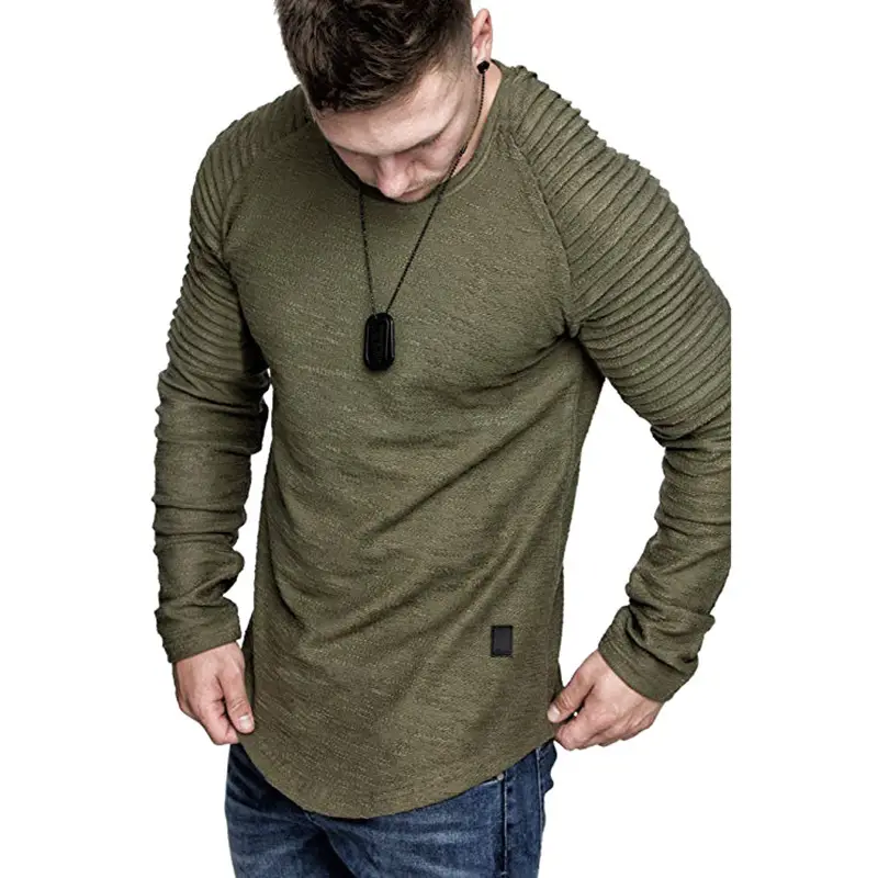 Men Pleated Long Sleeve T-Shirt Tan Round Neck