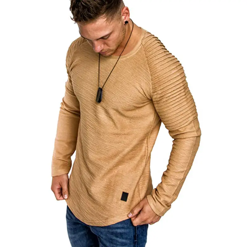 Men Pleated Long Sleeve T-Shirt Tan Round Neck
